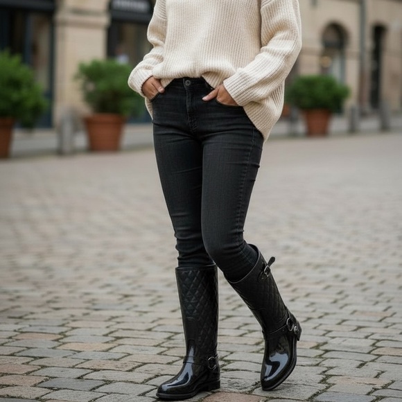 Stuart Weitzman Black Leather & Rubber Stirrup Rain Boots Size 39 (Size 8.5) - Picture 16 of 16